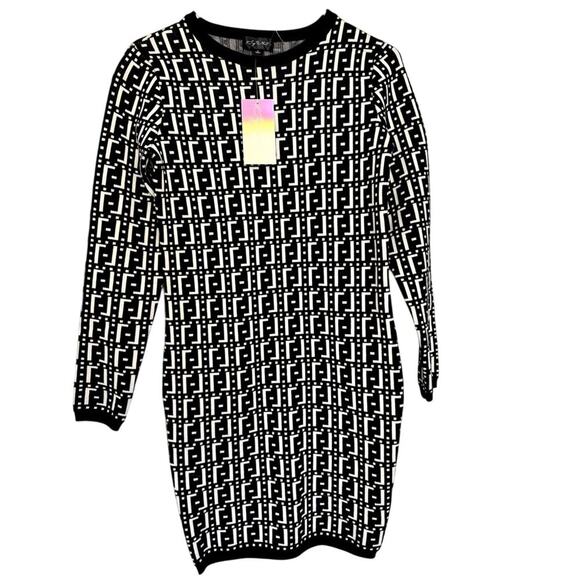 Say What Bodycon Black & White Geometric Print Long Sleeve Knit Dress Medium NWT - Picture 2 of 5